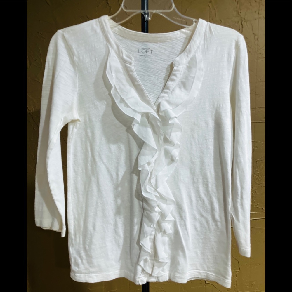Ann Taylor Loft White Ruffle Long Sleeve Top Small